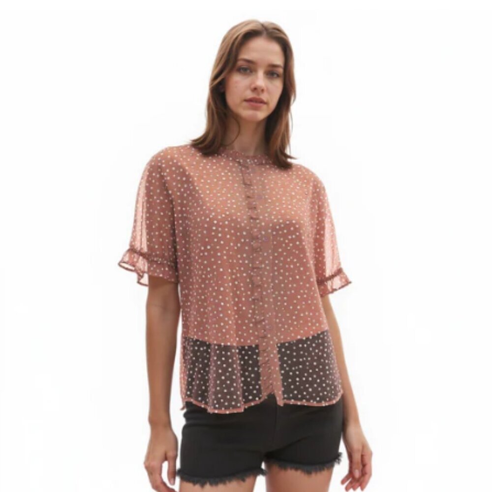 Pleione Sheer Ruffle Front Sleeve Blouse - size small